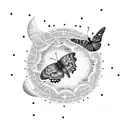 A dotwork design of a starry night with a butterfly flying towards the moon tattoo design idea