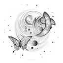 A dotwork design of a starry night with a butterfly flying towards the moon tattoo design idea