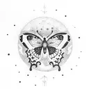 A dotwork design of a starry night with a butterfly flying towards the moon tattoo design idea