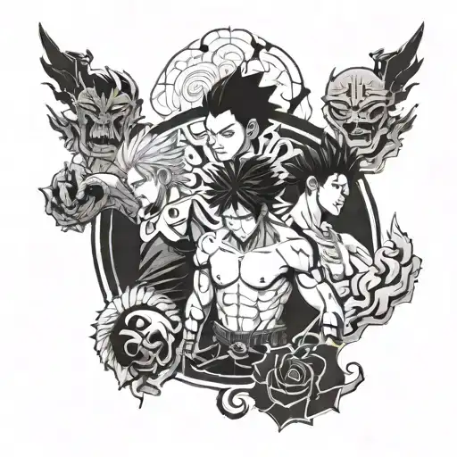 A fusion tattoo design featuring elements from Jujutsu Kaisen Sukuna, Demon Slayer Tanjiro, and Attack on Titan Eren tattoo design idea