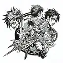 A fusion tattoo design featuring elements from Jujutsu Kaisen Sukuna, Demon Slayer Tanjiro, and Attack on Titan Eren tattoo design idea