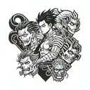 A fusion tattoo design featuring elements from Jujutsu Kaisen Sukuna, Demon Slayer Tanjiro, and Attack on Titan Eren tattoo design idea