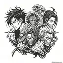 A fusion tattoo design featuring elements from Jujutsu Kaisen Sukuna, Demon Slayer Tanjiro, and Attack on Titan Eren tattoo design idea