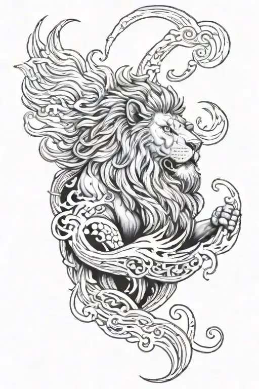A full sleeve tattoo design with Zeus on the upper arm and a lion on the lower arm. The transition between them is waves tattoo design idea
