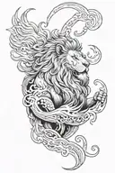 A full sleeve tattoo design with Zeus on the upper arm and a lion on the lower arm. The transition between them is waves tattoo design idea