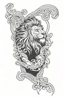 A full sleeve tattoo design with Zeus on the upper arm and a lion on the lower arm. The transition between them is waves tattoo design idea