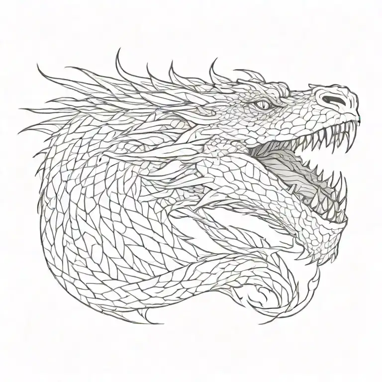 Realistic dragon head with neck, mouth open, side view, flying tattoo design idea