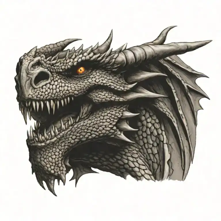 Realistic dragon head with neck, side view, flying tattoo design idea