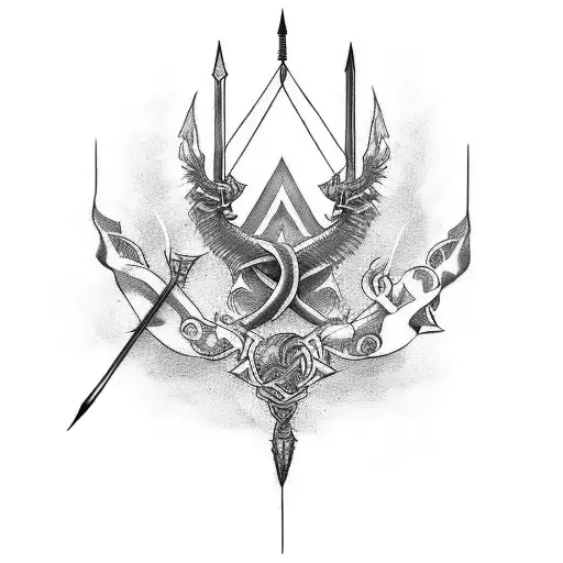 A unique tattoo design merging old art elements with masculine imagery, such as a bow and arrow intertwined with gothic symbols tattoo design idea
