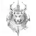 An old art inspired tattoo of a sword and a big animal intertwined in a mystical design tattoo design idea