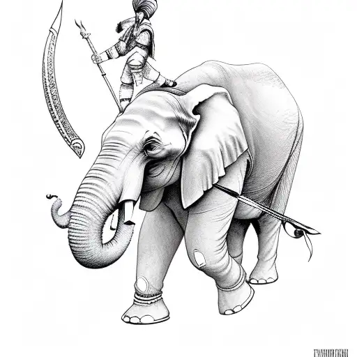 Sikh warrior running and jump attacking the head of elephant using his spear tattoo design idea