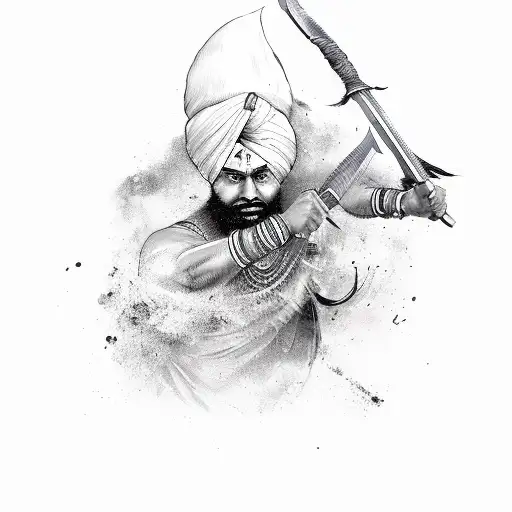 sikh warrior ran and jump attack with spear tattoo design idea