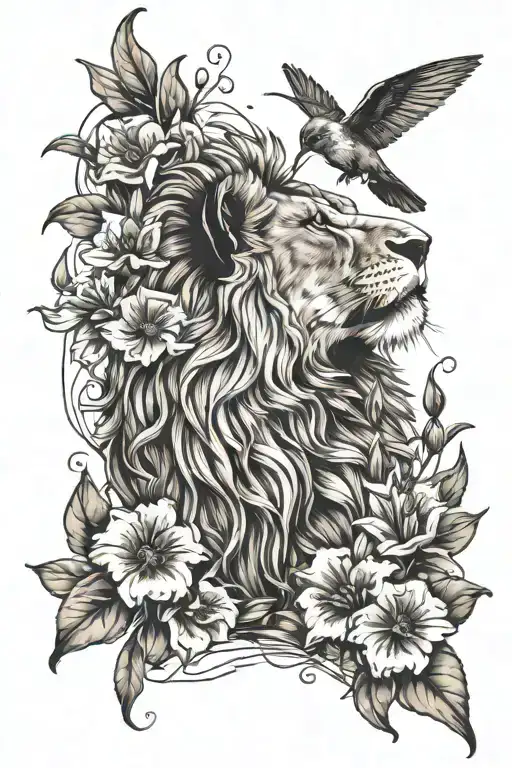 Outline of a lion surrounded by larkspur flowers and a hummingbird on one of the flowers tattoo design idea