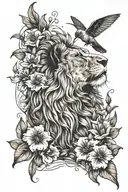Outline of a lion surrounded by larkspur flowers and a hummingbird on one of the flowers tattoo design idea