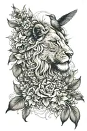 Outline of a lion surrounded by larkspur flowers and a hummingbird on one of the flowers tattoo design idea