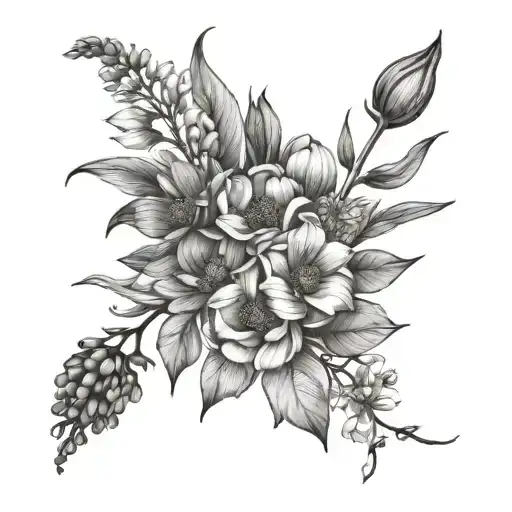 Birth flower bouquet january march may june july november minimalistic with stems  tattoo design idea