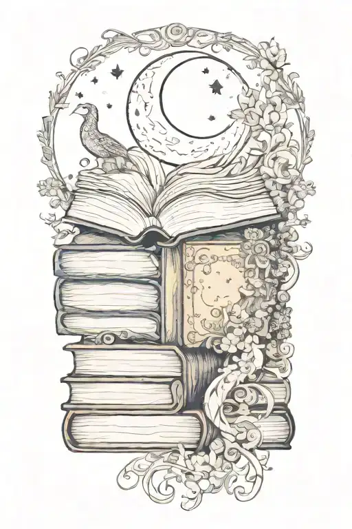  books, moon, lace patterns integrated tattoo design idea