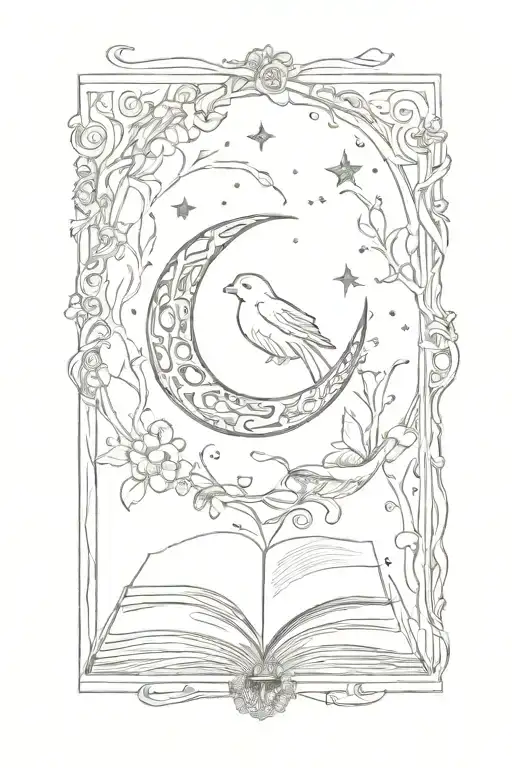  books, moon, lace patterns integrated tattoo design idea