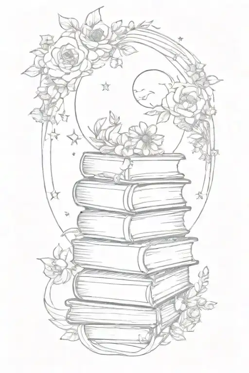 books surrounded by moon, flowers, flames,  tattoo design idea