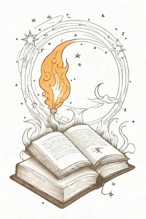 open book with fire coming out, with small moon, sun, stars beside tattoo design idea