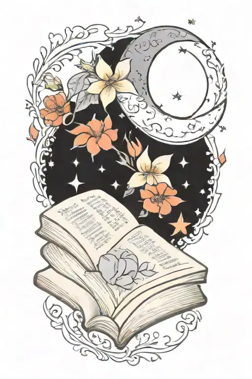 books surrounded by moon, flowers, flames,  tattoo design idea