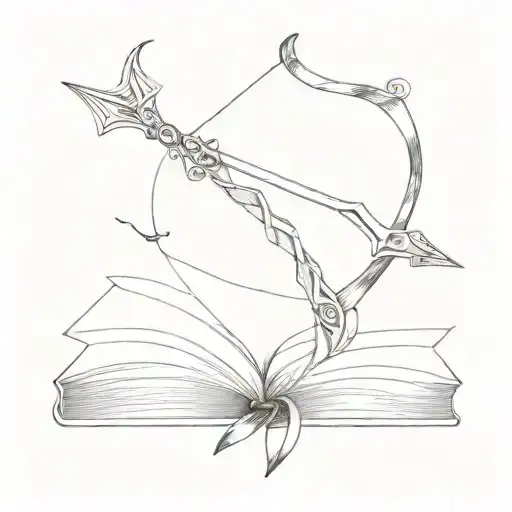 An intricate bow and arrow design with a book open at the center tattoo design idea
