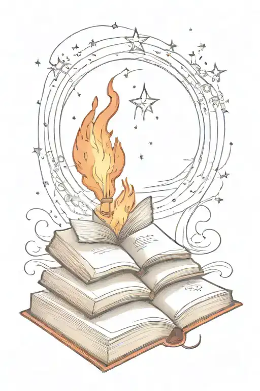 open book with fire coming out, with moon, sun, stars beside tattoo design idea