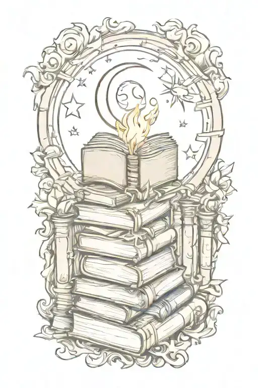 books,  fire, sun, moon tattoo design idea