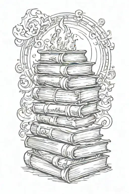 A sketch of a stack of books with flames dancing around them, with a sagitarrius glyph and a moon tattoo design idea