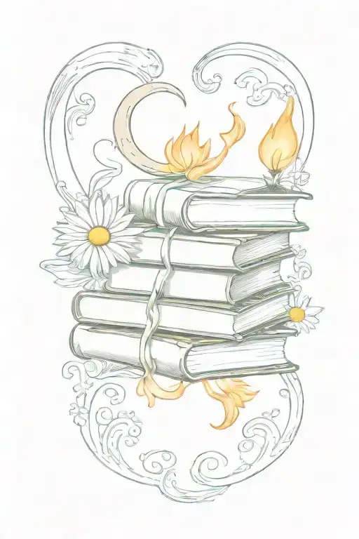 books with flame, and moon, and 1 daisy flower tattoo design idea