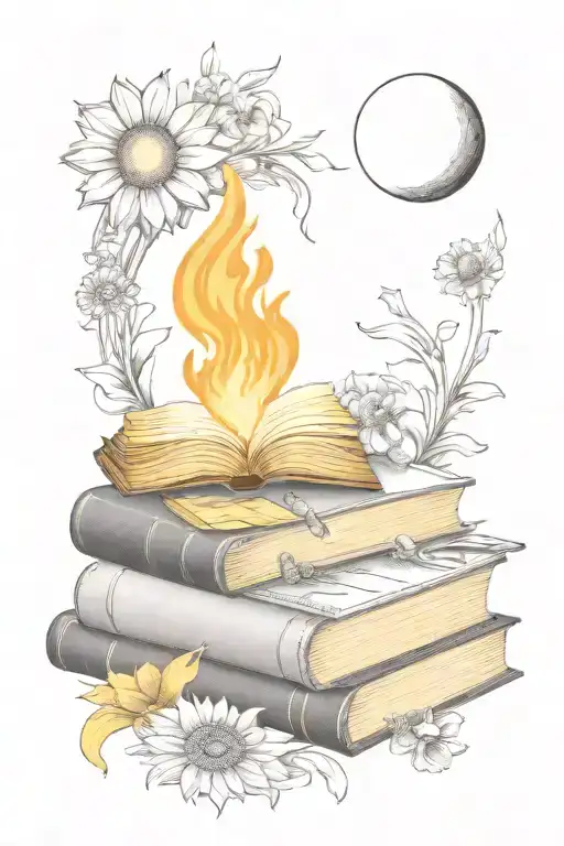 books with flame, and quarter moon, and sun rays, flower tattoo design idea