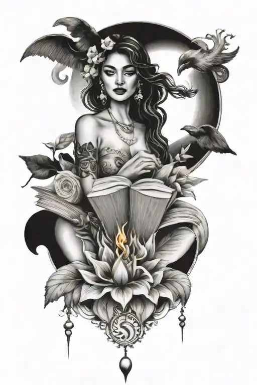 books, quarter moon, dot work, glyph and flame designs integrated tattoo design idea