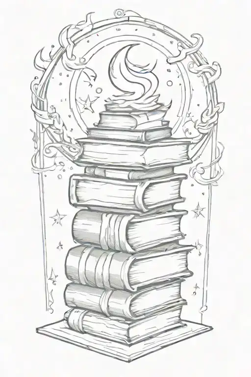A sketch of a stack of books with flames dancing around them, with a sagitarrius glyph and a moon tattoo design idea