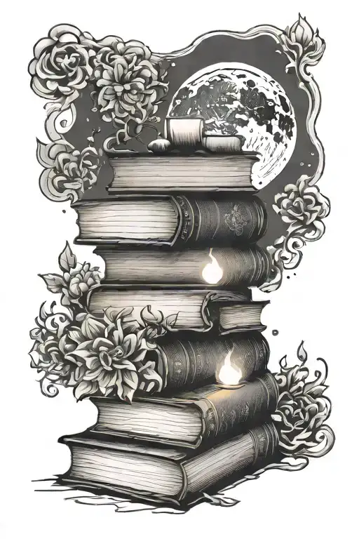 stack of books, flames, moon, sagitarrius glyph, flower tattoo design idea