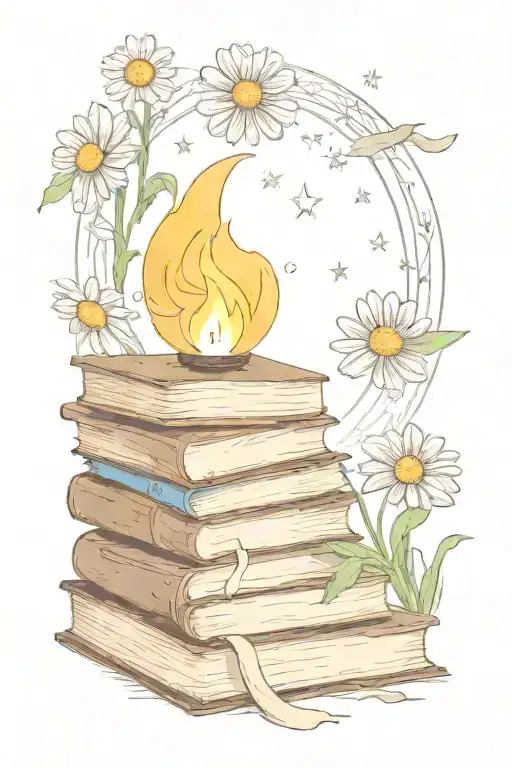 books with flame, and moon, and daisy  tattoo design idea