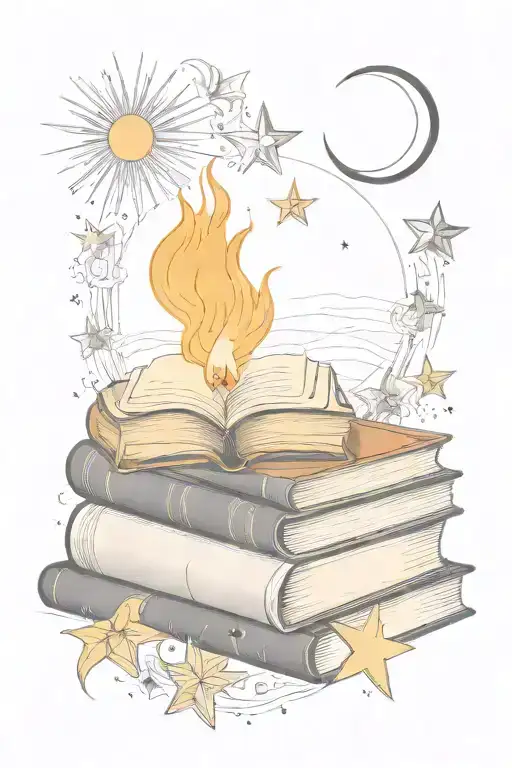 books with flame, and quarter moon, and sun rays, stars tattoo design idea