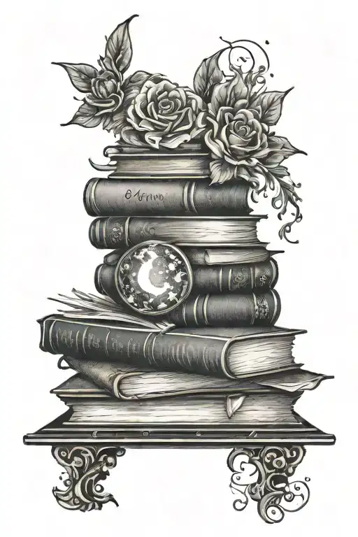 stack of books, flames, moon, Sagitarrius glyph, flower tattoo design idea
