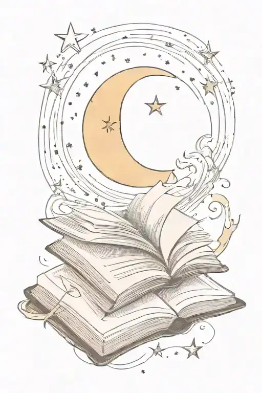 open book with fire coming out, with moon, sun, stars beside tattoo design idea