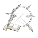 An intricate bow and arrow design with a book open at the center tattoo design idea