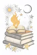 books with flame, and quarter moon, and sun rays, stars tattoo design idea