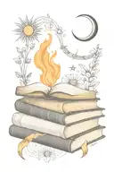 books with flame, and quarter moon, and sun rays, stars tattoo design idea
