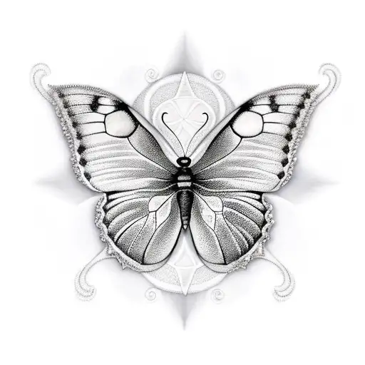 A realistic tattoo of a butterfly resting on a mandala tattoo design idea