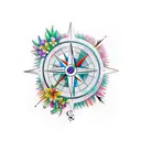 A realistic compass surrounded by colorful tropical flowers tattoo design idea