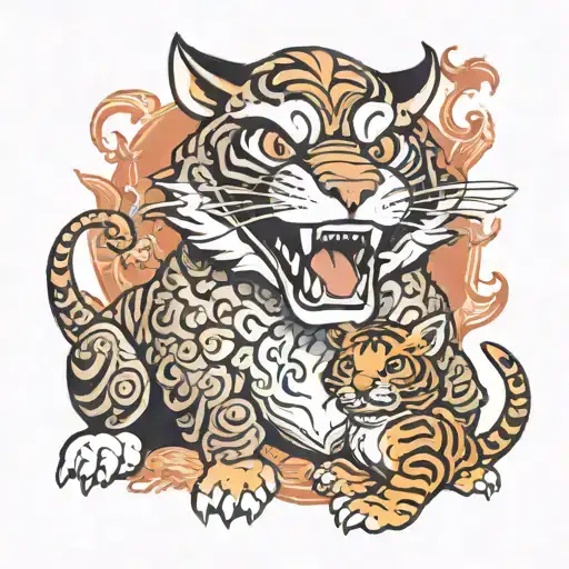 Chinese new year dog protecting a baby dragon and baby tiger  tattoo design idea