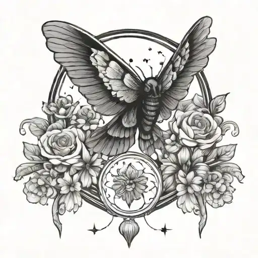 the moon tarot card with a moth, surrounded by flowers tattoo design idea