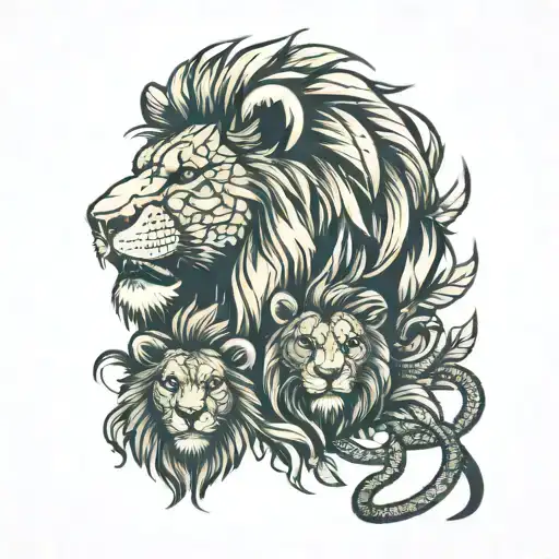 lion and two cubs. eagle and a snake under  tattoo design idea