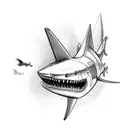 A robotic shark with various futuristic gadgets, representing the intersection of future and hobby tattoo design idea