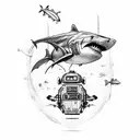 A robotic shark with various futuristic gadgets, representing the intersection of future and hobby tattoo design idea