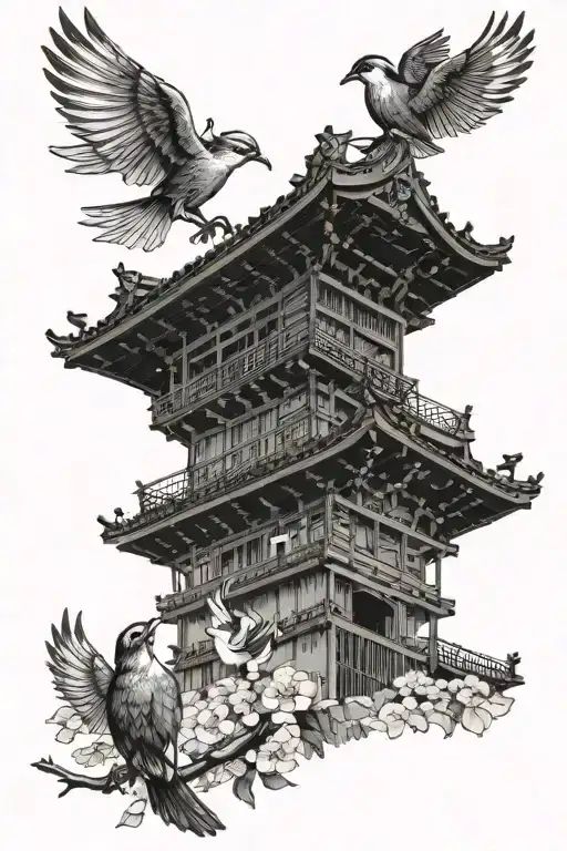 birds flying from japanese town hall tower tattoo design idea