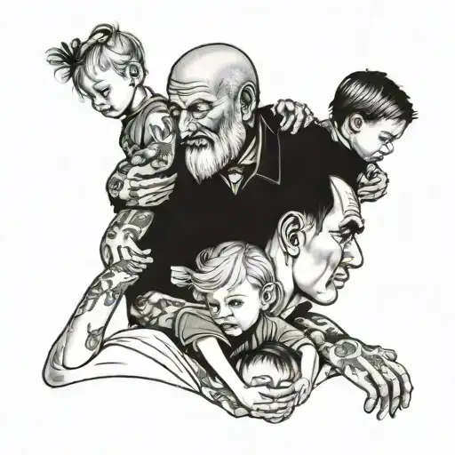 daughter is holding dad's hand and son is sitting on his shoulders. tattoo design idea